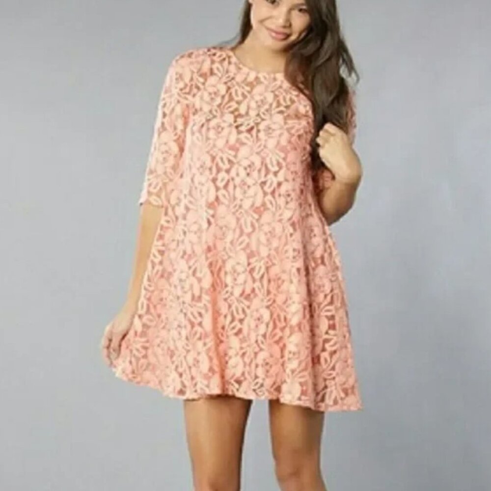 Free People Miles of Lace Coral Pink Orange Mini Dress S